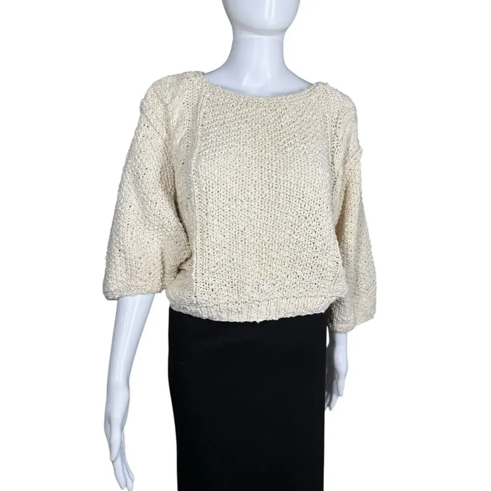Liz Claiborne Vintage Silk Cotton Chunky Loose Knit Cream Crop Sweater Medium